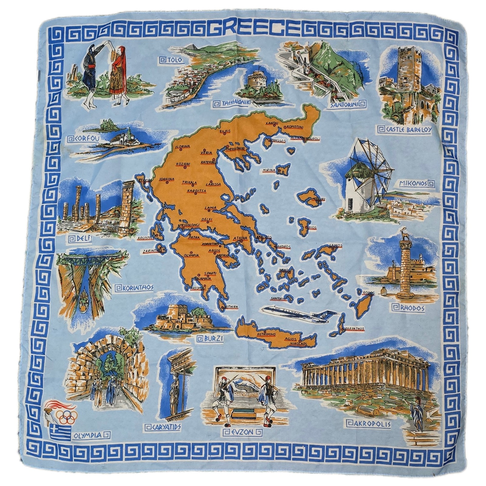 Vintage Greece Map Souvenir Scarf Blue White Greek Isles Islands Landmarks (Ah)